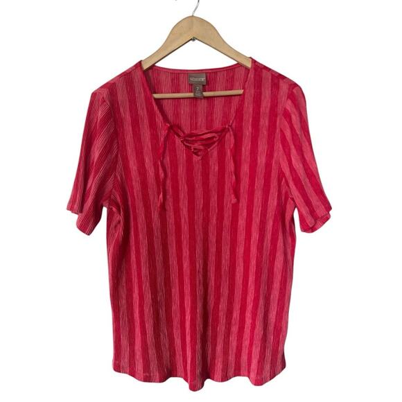 Chicos Pink Stripe Textured Tie Front Short Sleeve Top Large (2) - Picture 1 of 4